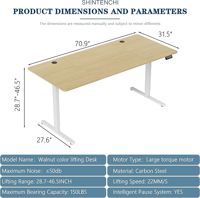 Shintenchi Standing Desk 71x31 Inch Height Adjustable Electric Sit Stand up Desk Ergonomic Rising Computer Table Modern Lift Gaming Desk Workstation for Home Office Walnut and White