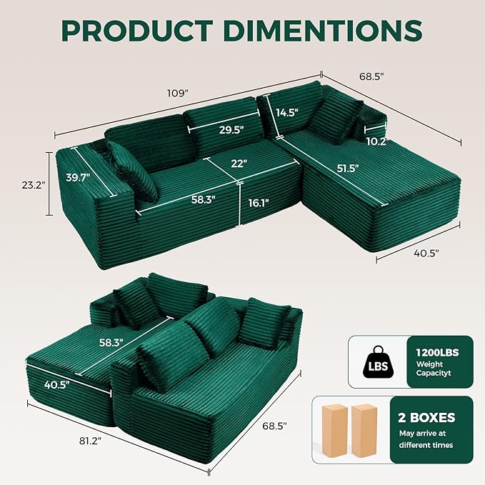 LUCKLIFE 105” Sectional Boneless Couch Modular Cloud Corduroy Fabric Sofa for Living Room Bedroom with Deep Seat Wide Arms and High-Density Foam No Assembly (EG L Shape with Right Facing Chaise)