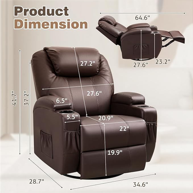 Recliner Chair 360° Swivel Rocker Chair for Adults Rocking Recliner Chair with Massage Comfy Single Sofa with Side Pockets Cup Holders for Living Room Bedroom Nursery (Leather Dark Brown)