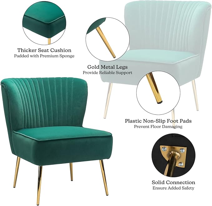 TINA'S HOME Monica Velvet Accent Chair Set of 2 Mid Century Side Chair Comfy Upholstered Living Room Chair with Golden Legs Wingback Armless Slipper Chair for Bedroom Guest Room- Emerald Green