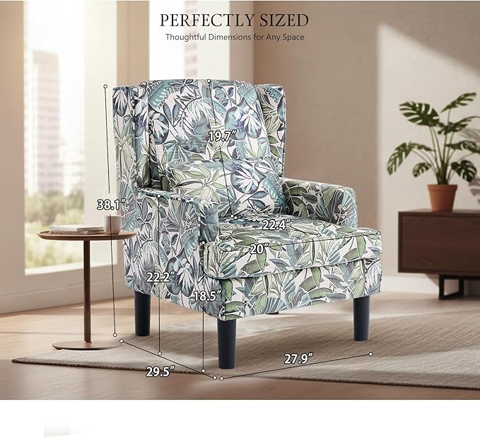 Modern Accent Chair for Living Room Chairs Oversized Reading Chair Accent Chairs for Living Room Sofa Chair with High Back and Wood LegsUpholstered Armchair Comfy Chair for Bedroom(Green Floral)