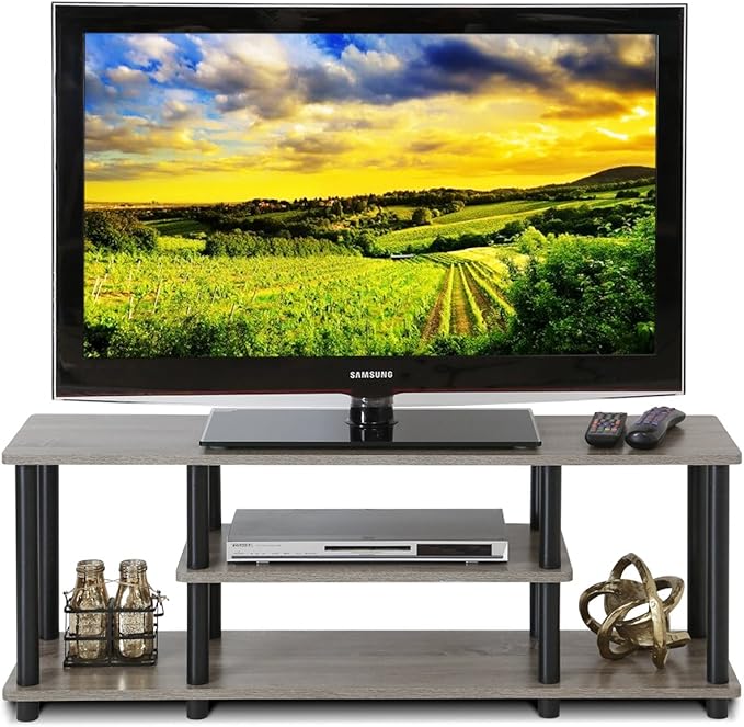 Furinno Turn-N-Tube No Tools 3D 3-Tier Entertainment TV Stand up to 50 inch TV Round Tubes French Oak Grey/Black