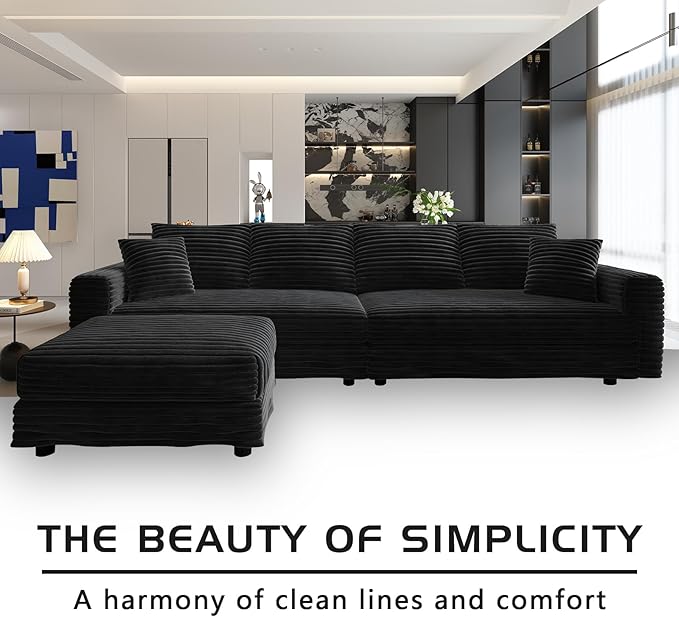 102.4'' Oversized Corduroy Couch Modular Sectional Sofa with Ottoman Upholstered 4 Deep Seat L Shape Sofa Convertible Cloud Couches with Chaise Lounge for Living Room Apartment Black