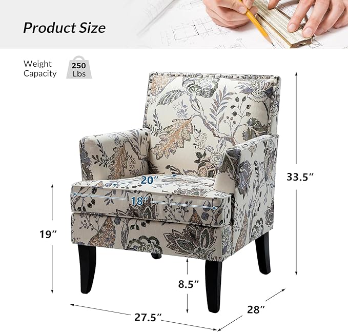 HULALA HOME Modern Accent Chair for Living Room Upholstered Fabric Single Sofa Chair Wingback Armchair with Wooden Legs for Bedroom Office Reading or Waiting Room Orange Grey Floral