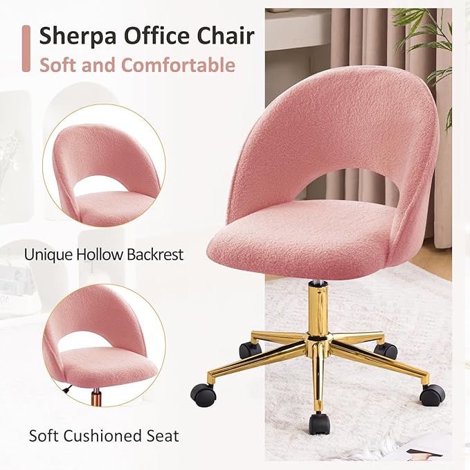 Furniliving Vanity Desk Chair with Wheels Cute Office Chair with Back for Girls Rolling Upholstered Armless Desk Chair with Gold Metal for Living Room Makeup Room Bedroom Pink-Sherpa
