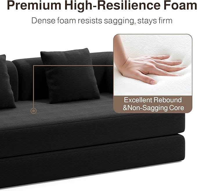 Ahomly 78.8'' Convertible Sofa Bed5-in-1 Boneless Couch with Removable ArmrestsFolding Futon Sofa Bed Includes 2 PillowsComfy Pull Out Couch for Living RoomNo Assembly RequiredBlack