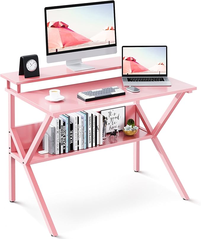 ODK Small Desk 27.5 Inch Computer Desk for Small Spaces Kids Desk with Storage Study Table with Monitor Stand for Homeschool Pink