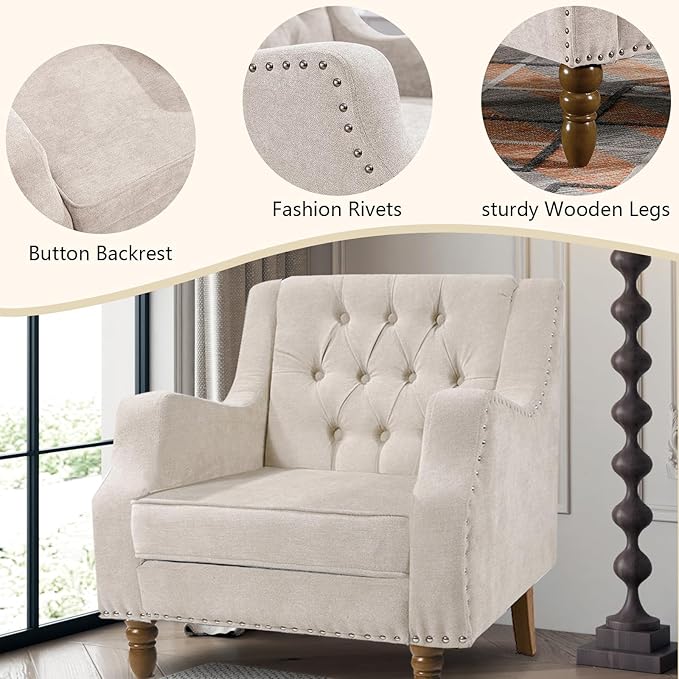 Linen Accent ChairsUpholstered Button Tufted Living Room ChairMid Century Armchair Sofa ChairsComfy Reading Chair for BedroomLiving RoomStudy (Beige 2)