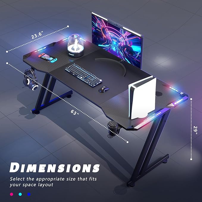 HLDIRECT 63 Inch Gaming Desk with LED Lights Carbon Fibre Surface Gaming Table Large Computer Desk Ergonomic Home Office Desks Z Shaped PC Gamer Workstations with Cup Holder &amp Headphone Hook Black