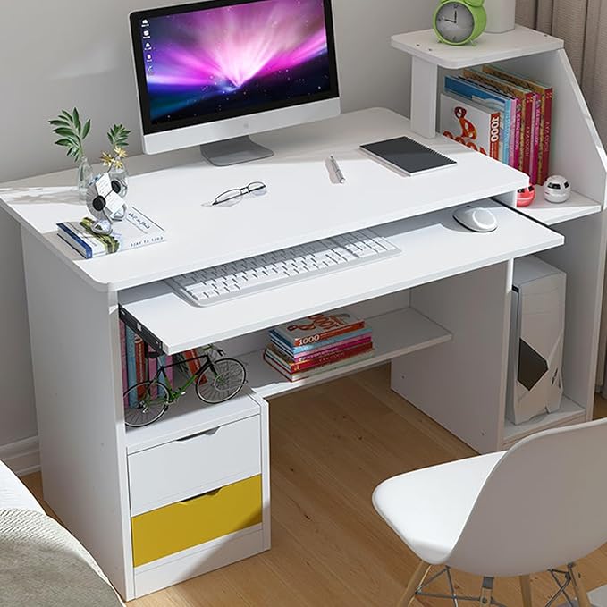 Computer Desk with 3 Hutch Shelves Room Desk for Bedroom Study Table with Keyboard Tray and 2 Drawers Desk for Bedroom Daily Home Office Desks Gaming Desk with Wide Desktop White