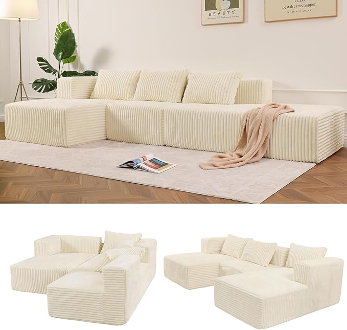 117” Modular Sectional Cloud Couch with L-Shape Chaise Lounge Boneless Convertible Sofa for Living Room Corduroy 4-Seater Couch No Assembly Required Cream Beige Left Facing Chase