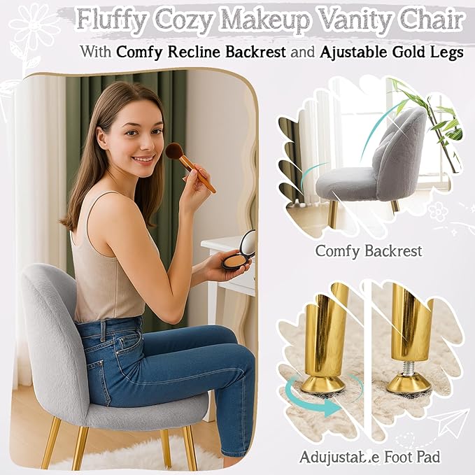 VINGLI Fluffy Girls Vanity Chair with Back &amp PillowCute Small Cozy Desk Chair No WheelsComfy Makeup Ch with Ajustable Gold Legsfor BedroomLiving RoomSmall SpaceGrey