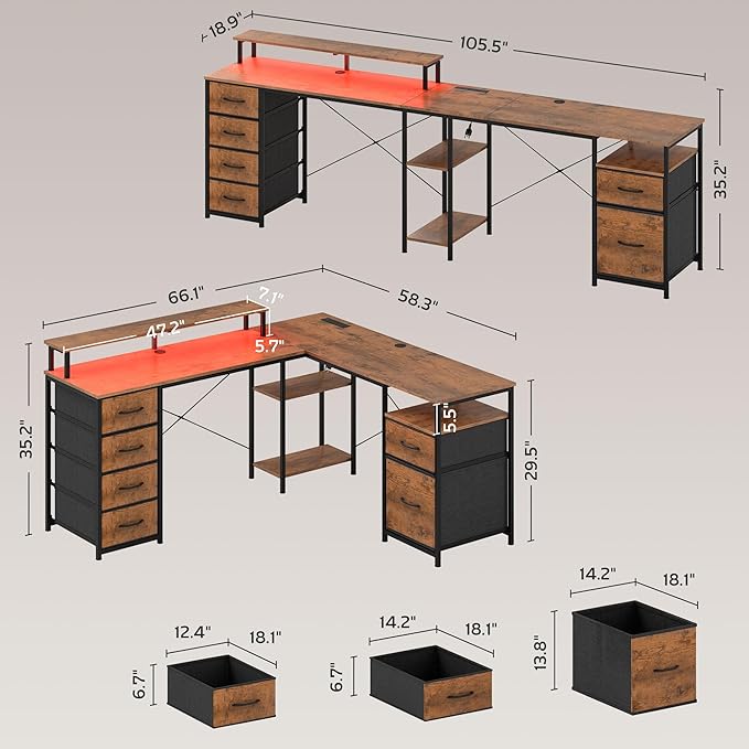 HOMCOM 66 L Shaped Gaming Desk Reversible 105 2 Person Computer Desk with File Cabinet and Fabric Drawers Power Outlets and LED Lights Monitor Stand Rustic Brown