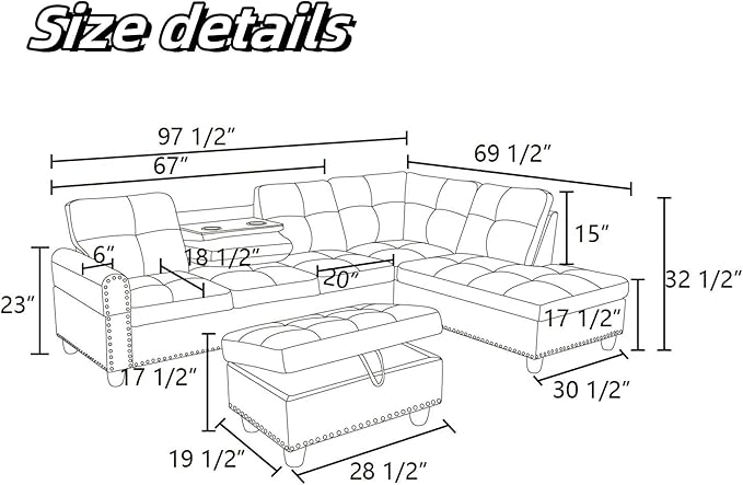 FONTOI L Shaped Sectional Couch Sofa Modern Nail-Head Design Sectional Sofa for Living Room 4 Seat L Couch with Storage Ottoman &amp Cup Holder for Bedroom Apartment Grey