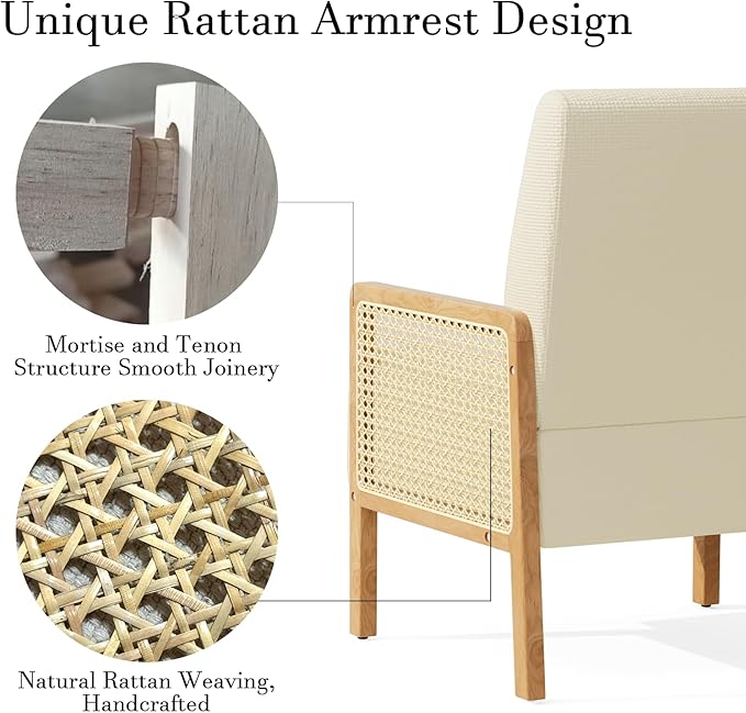 Rattan Accent Chair with Rattan Arms Mid Century Modern Chair for Living Room Linen Upholstered Comfy Chair for Bedroom Reading Room Home Office Beige
