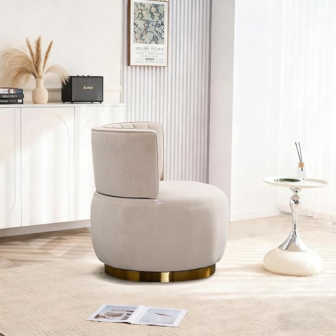 360 Degree Swivel Accent Chair Comfy Round Swivel Barrel Chair with Mental Base Upholstered Cozy Reading Armchairs Modern Lounge Sofa Chairs for Living Room Bedroom Club Office(Velvet Beige)