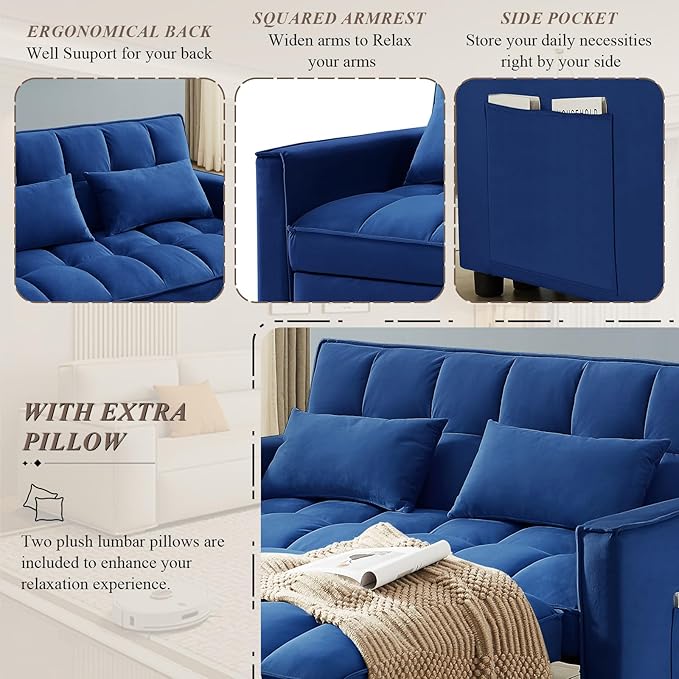 3 in 1 Convertible Sleeper Sofa Bed Futon Couches for Living Room with Side Pocket/Adjustable Backrest Velvet Upholstered Pull Out Couch Small Loveseat Sofa Bed for Bedroom Office Small Spaces