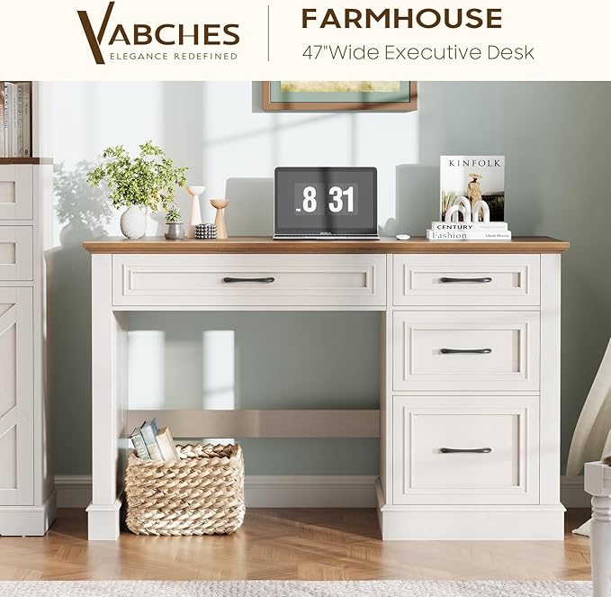 Farmhouse 47 Executive Desk with File Drawer Computer Desk with 4 Drawers Workstation for Study Home Office Writing Unique White.