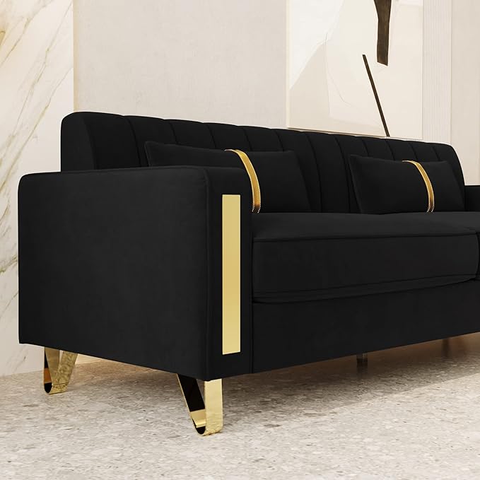 85.63 Modern Black Velvet Sofa with Gold Metal Legs Large Upholstered Comfy 3 Seater Couches for Living Room Bedroom Office (Black)