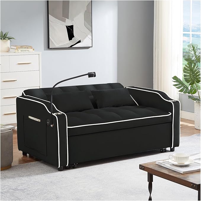 JEEOEHY 3 in 1 Convertible Sleeper Sofa BedVelvet Pull Out Couch Bed w USB&ampType C PortComfy Futon Loveseat w Adjustable Backrest&ampPhone Stand&ampCup Holder for Living Room Apartment Small Sp