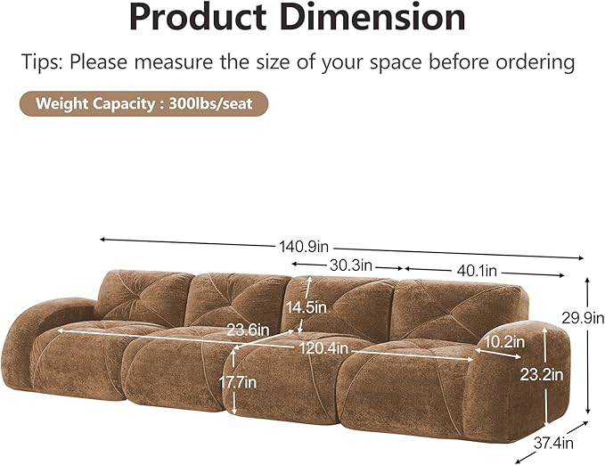 140.9'' Modular Sectional Couches for Living Room Modern Velvet Cozy Boneless Sofa No Assembly Required Comfy Couch Camel Cloud Boneless Couch in a Box Sofas para Sala