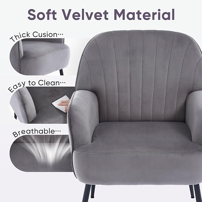 Velvet Accent Chair Upholstered Modern Leisure Single Sofa Side Chair Comfy Tufted Back Armchair with Metal Legs for Living Room/Bedroom/Office/Reading Room Grey