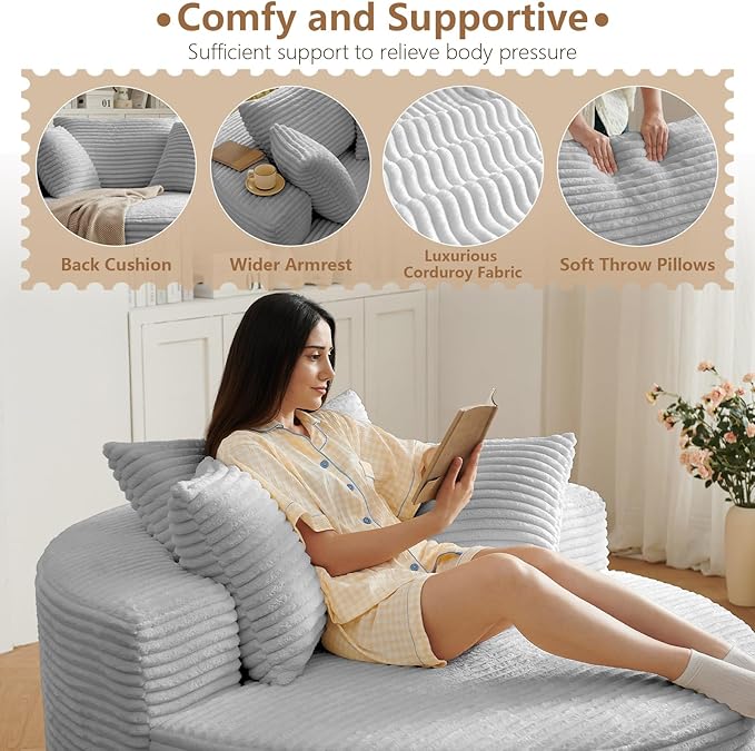 Oversized Round Chair Lounge Chaise Indoor Upholstered Corduroy Deep Seat Cloud Large Circle Sofa Chair No Assembly Required Fluffy Modern Sleeper Sofa Bed for Reading Living Room Light gray