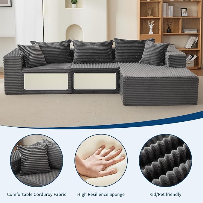 GarveeLife 108” Modular Sectional Sofa Cloud Sectional Couch with L-Shape Chaise Modern Modular Deep Seat Sofa Couch Upholstered Boneless Couches for Living Room Bedroom Right Facing Chaise Grey