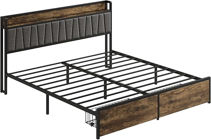 King Size Bed Frame with Storage Drawers and Charging Station Upholstered Headboard Metal Platform Bed with USB Ports No Box Spring Needed Easy Assembly Dark Brown