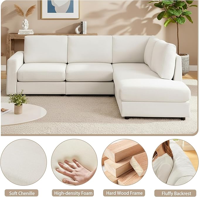 100” L-Shaped Couch with Reversible Chaise Chenille Modular Sectional Sofa 4-Seater Corner Couch for Living Room Apartment Beige