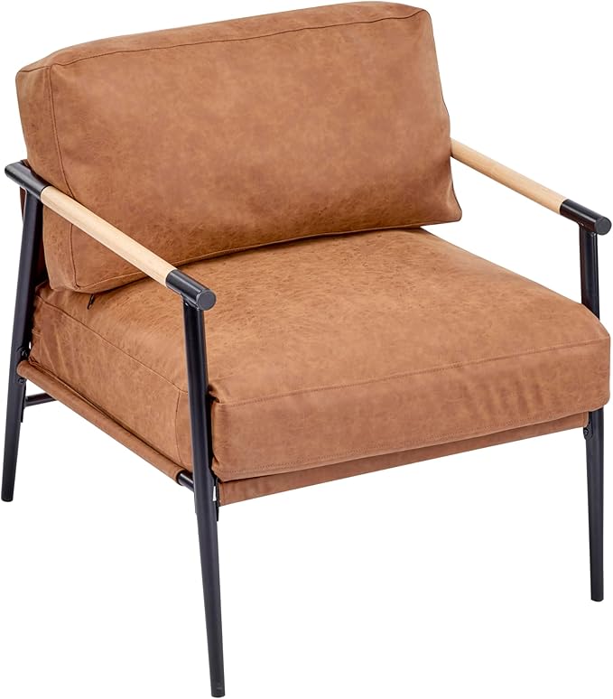 Merax Modern Accent Chair with PU Leather Cushions and Wooden Armrest Design Living Room Accent Chair with Metal Frame for Living Room Bedroom or Office Seating Easy Assembly Brown(PU Leather)