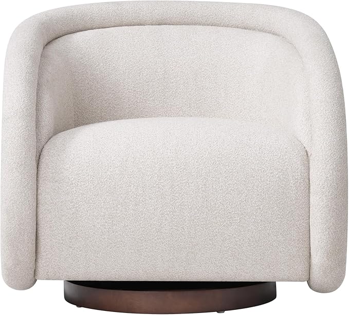 Scott Living Sabbo Beige Bouclé Swivel Chair with Walnut-Finished Solid Wood Base Comfy Swivel Accent Chair Upholstered Lounge Sofa Chair for Living Room/Bedroom Beige + Walnut