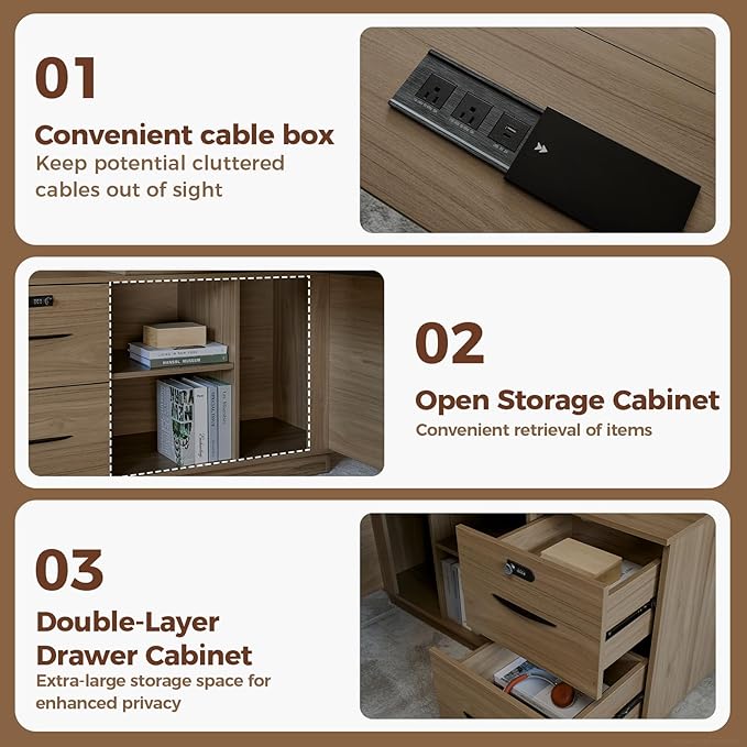 L-Shaped Executive Workstation with Lockable Drawers 63” Large Office Furniture with Storage Cabinet &amp Cable Management Reversible Home Office Setup (Walnut 63”×32”×30”)