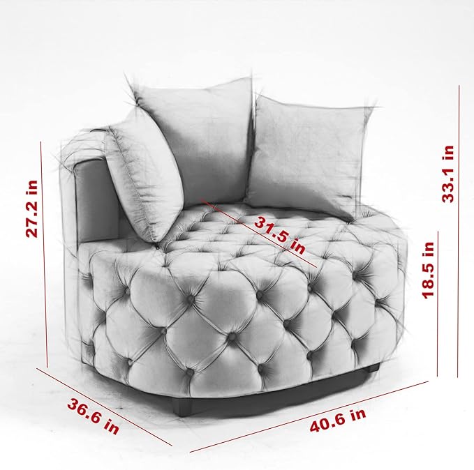 Round Accent Chair 40” Modern Velvet Sofa Chair with 3 Pillows Comfy Upholstered Tufted Club Lounge Chair for Living Room Bedroom Blue