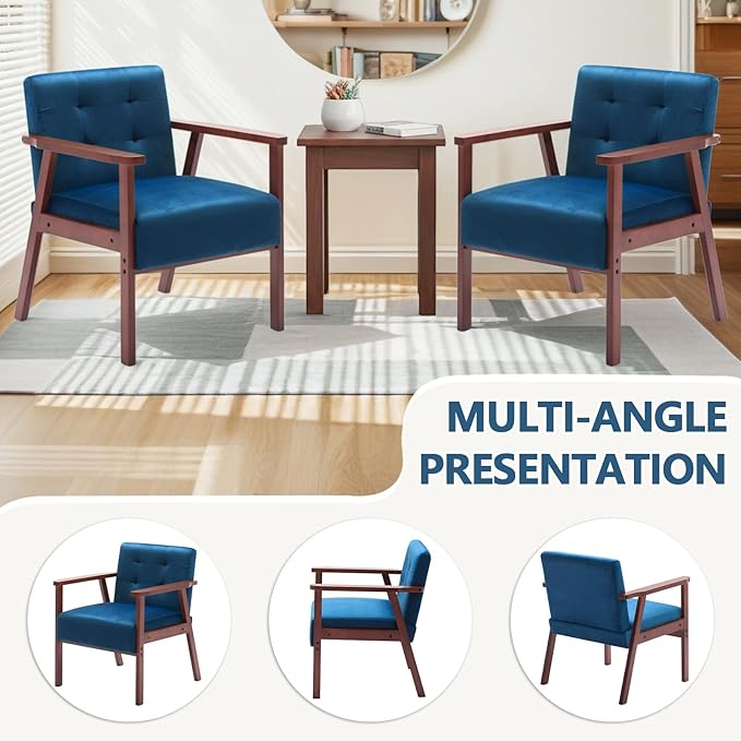 Anwick Mid-Century Accent ChairModern Velvet Living Room Chair with Solid Wood FrameComfy Armchair Lounge Reading Chairs for Bedroom Office Small Spaces (Blue)
