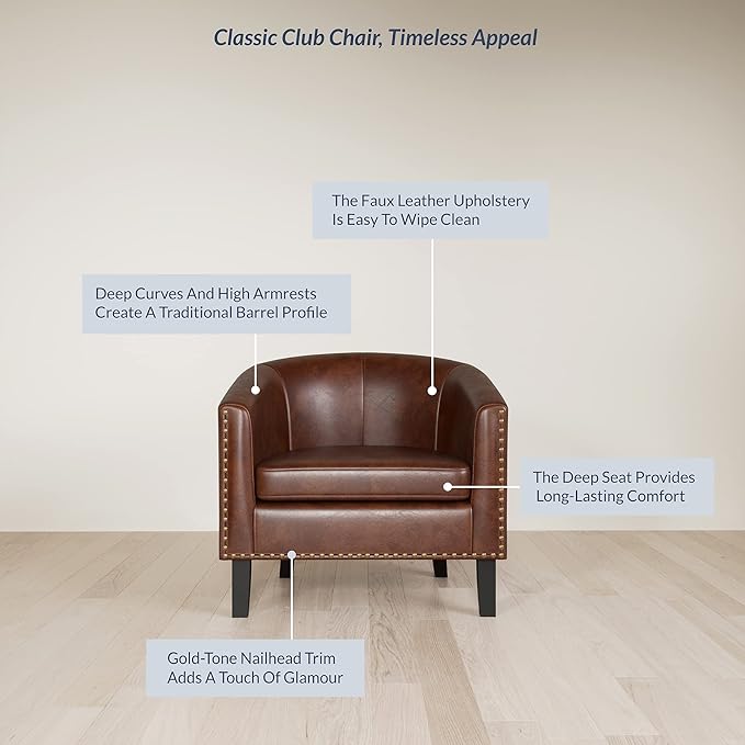 BELLEZE Accent Barrel Chair Modern Faux Leather Tub Club Chair Upholstered Armchair with Gold Nail Head Trim and Black Legs for Living Room Bedroom Apartment Lounge - Brown