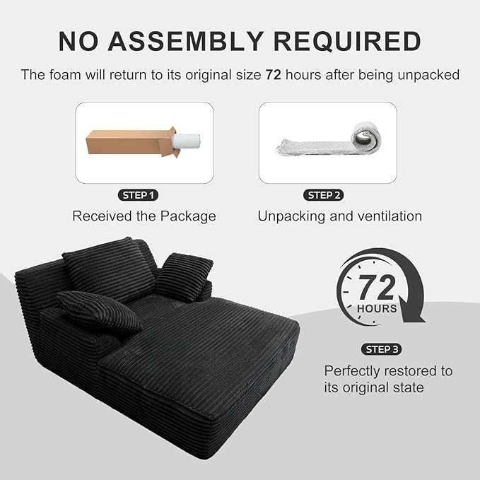 Oversized Chaise Lounge Chair Indoor Corduroy Upholstered Boneless Sofa Bed Deep Seat Sleeper Couch Reading Chairs Cloud Sofas for Living Room No Assembly Required (Black Single Size)