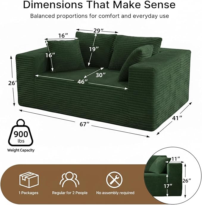 2-Seater Deep-Seat Corduroy Lounge Sleeper Sofa No Assembly Frameless Foam Cloud Couch Comfy Plush Double Seater for Living Room Bedroom Apartment Dorm Office（Green）