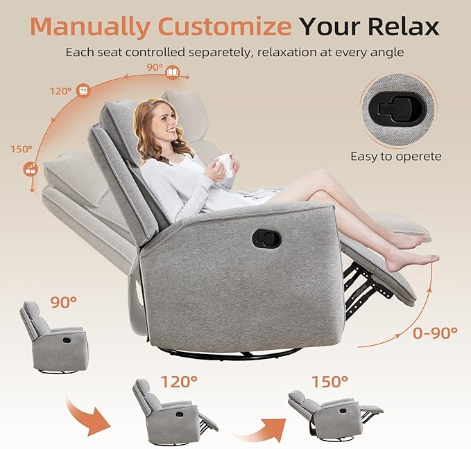 INZOY Nursing Rocking Chair Recliner Swivel Rocker Recliner Swivel Glider Rocking Recliners with Soft Backrest Chenille Fabric Manual Reclining Sofa for Living Room Bedroom Apartment Grey
