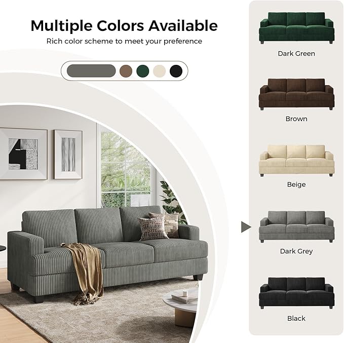 89 Inch Sofa with Extra Deep Seats Oversize 3 Seater Sofa for Living Room Modern Couch and Sofa Comfy Armrests and Seats and Backrests Easy InstallationWide Corduroy Fabric Gray