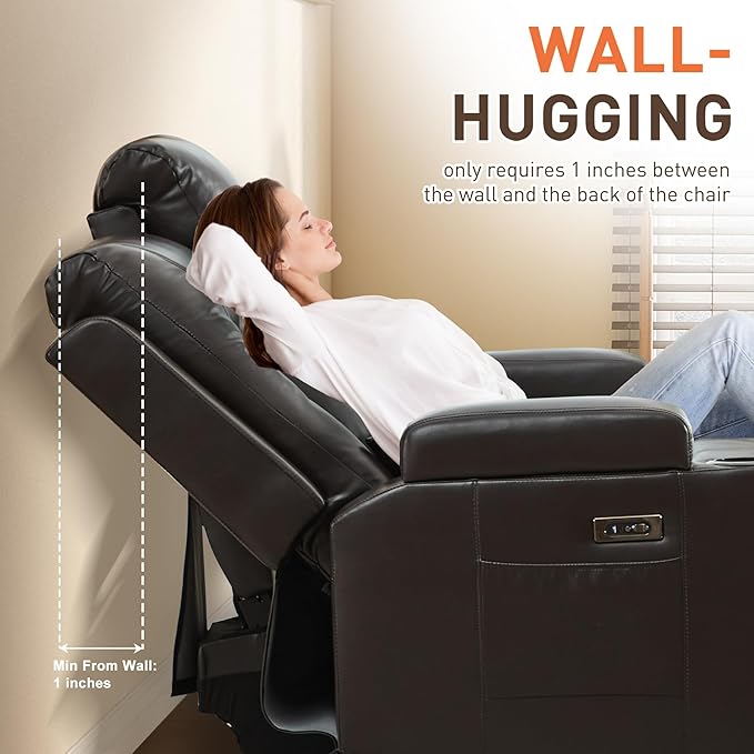 Houjud Power Reclining Loveseat Recliner Sofa with Console Wall-Hugger RV Couch with USB Ports Cup Holders Bluetooth Speakers &amp Ambient Lighting for Home Theater or Camper Faux Leather Dark B