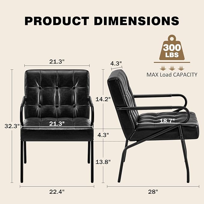 Modern Leather Accent Chair Comfy Reading Arm Chairs Ergonomic Lounge with Extra Soft Pocket Spring Cushion for Living Room Waiting Room Bedroom Office 300lbs Capacity Black