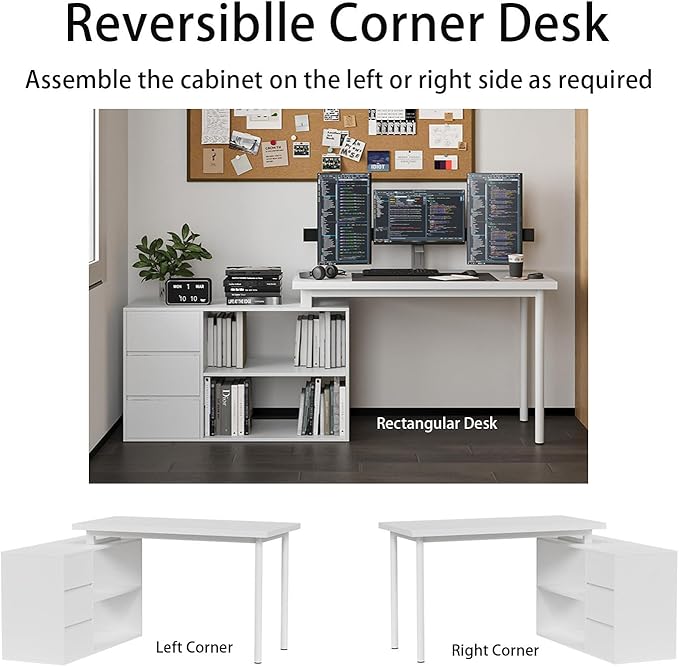 L Shape Computer Desk with 3 Drawers and 2 Shelves Home Office Desk Corner Small Desk with Storage Cabinet for Writing Study Executive – White