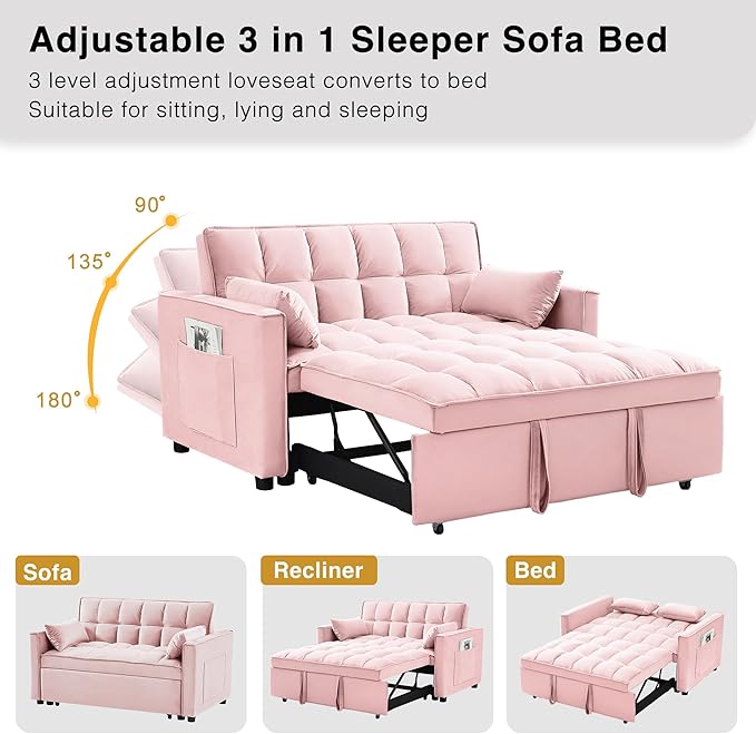 Wakefit 3 in 1 Convertible Sleeper Sofa Bed Futon Couches for Living Room with Side Pocket | Adjustable Backrest| Velvet Fabric | Pull Out Couch | Recliner Loveseat | Sectional Sofa Pink