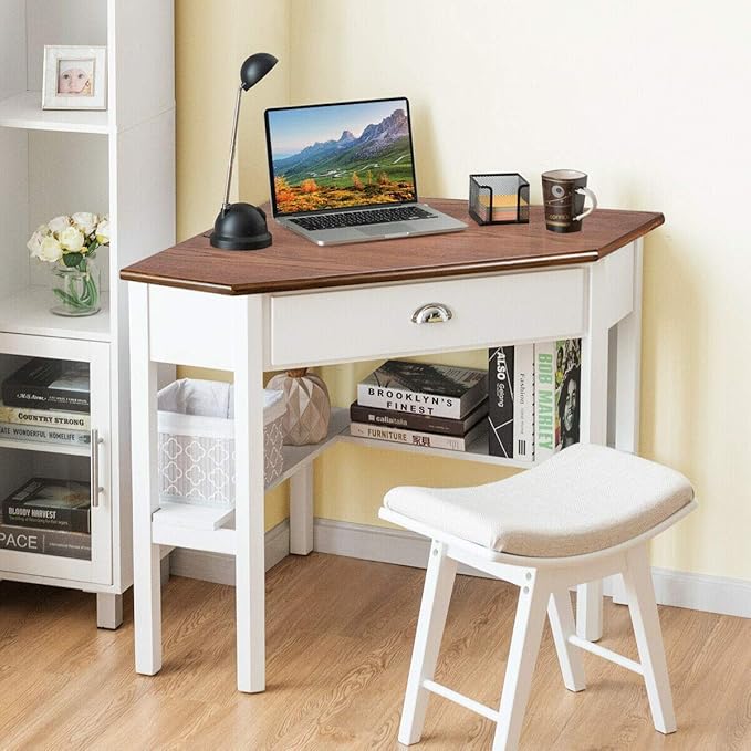 Corner Desk Compact Home Office Corner Desk Organizer90 Degrees Triangle Computer Laptop Writing Table for Small Spaces with Storage Shelf and Drawer (Natural)