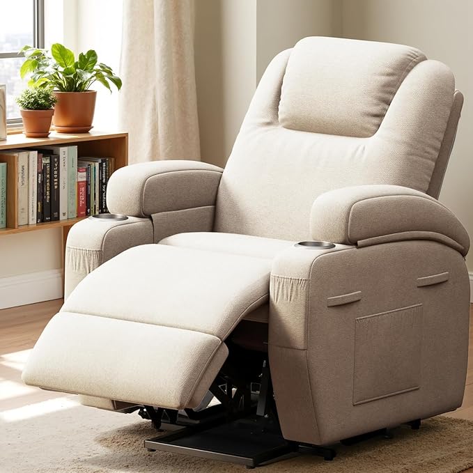 Flamaker Power Lift Chair Massage Recliner Chairs for Elderly - Ergonomic Design with Cup Holders &amp Side Pockets Remote Control (Beige)
