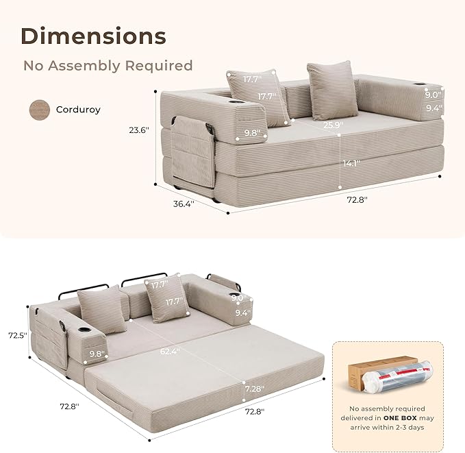 WELAX 72.8 Convertible Sleeper Sofa Bed Boneless Cloud Queen Futon Couches with Cupholders &amp Storage Pockets Corduroy Folding Floor Couch for Bedroom Apartment No Assembly Light Gray