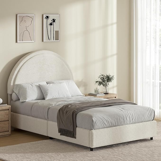 Twin Bed Frames with Round Headboard White Soft Upholstered Bed Frame Boucle Bed Frame for Kids Arch Shaped Modern Style No Box Spring Required Easy Assembly Light White