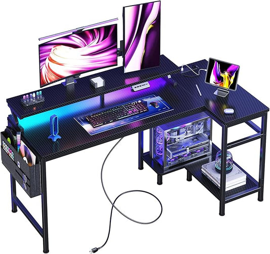 DUMOS Gaming Desk Computer Desk with USB Charging Ports Power Outlets Type-C and LED Lights Reversible L Shaped Desk with Storage Shelves &amp Monitor Stand for Office Gaming Room Black 48IN