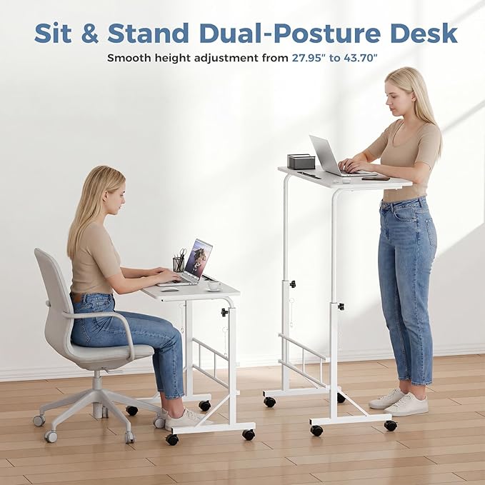 DUMOS 31.5 Adjustable Height Mobile Desk with Locking Wheels &amp Pin-Lock Portable Workstation for Walking Pad &amp Active Home Office White